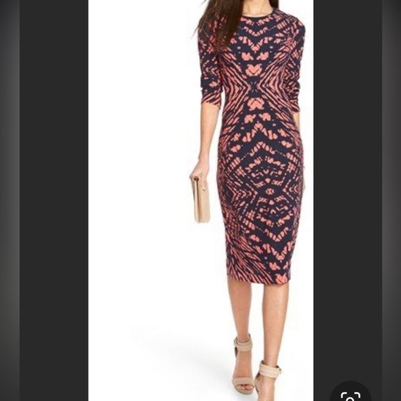 Maggy London Tie Dye Print Crepe Midi Sheath Dress in Coral Navy Size 2 - Picture 6 of 7
